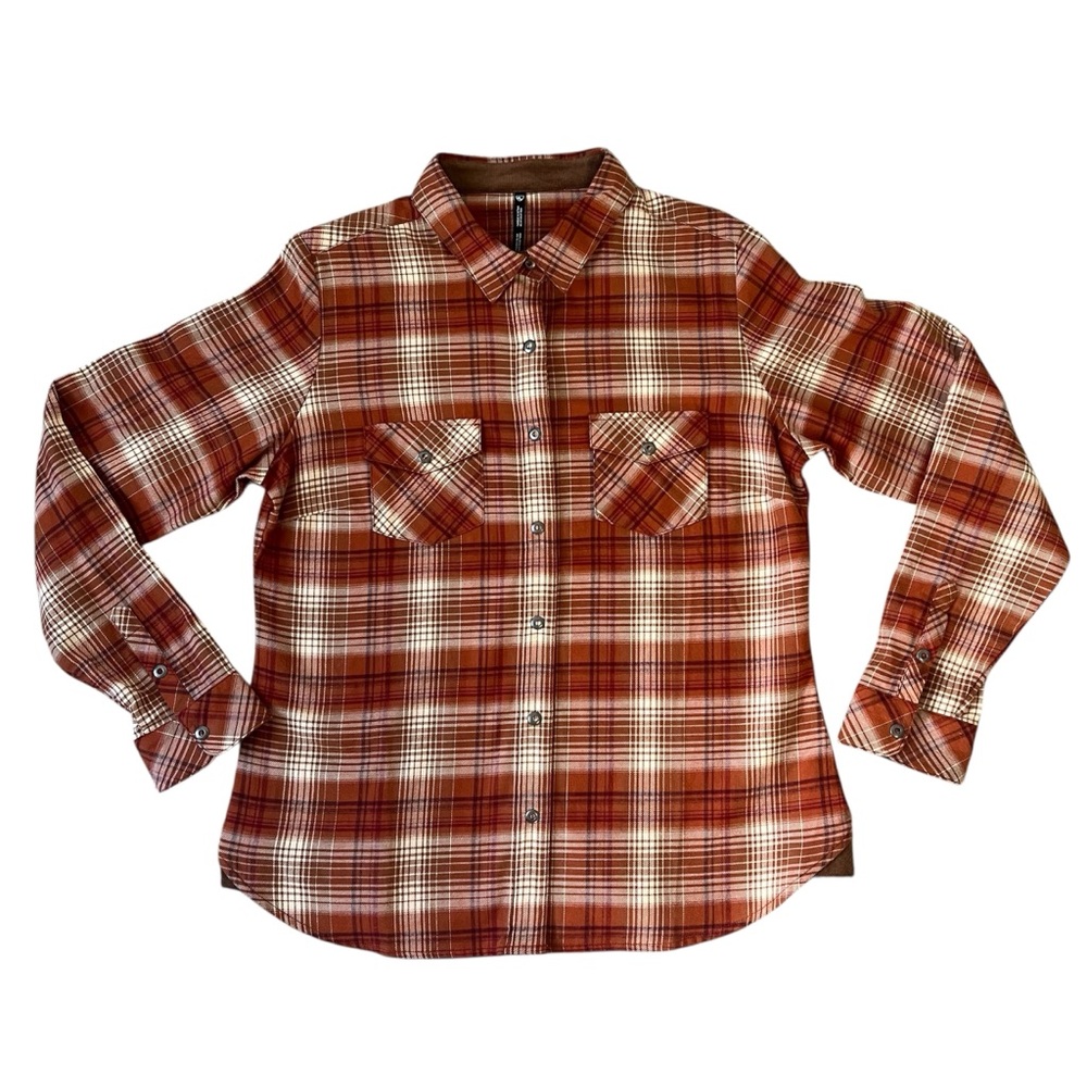 KUHL Women’s Tess Brown/Orange plaid snap up button long sleeves shirt; Size M